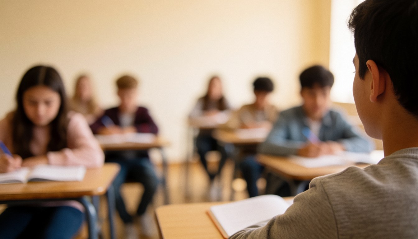 A view of a university classroom with students seated at desks, writing in notebooks and reading textbooks during a lesson