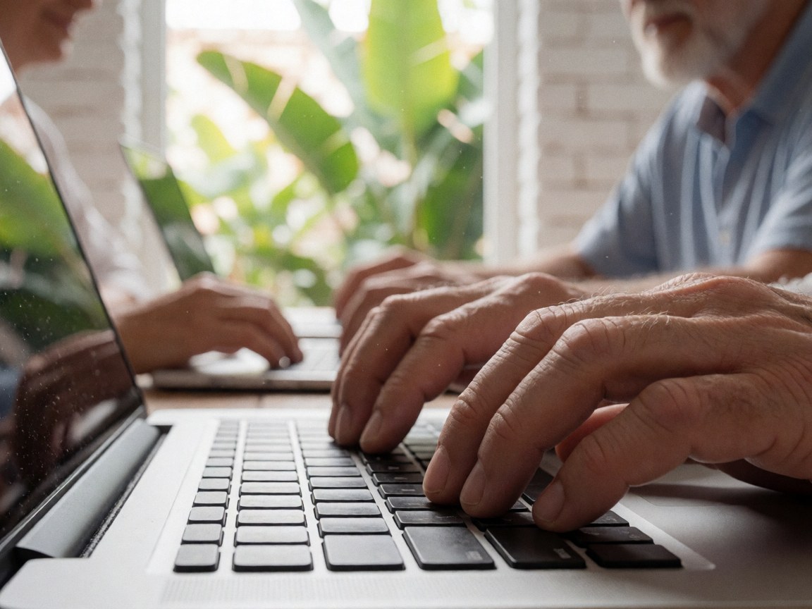 Close-up view of sunlight streaming through a window, illuminating dust particles in the air above a wooden surface with a keyboard and green foliage.