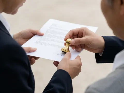 Detailed view of an official gold embossed seal stamped on a white paper document held by hands in a professional setting