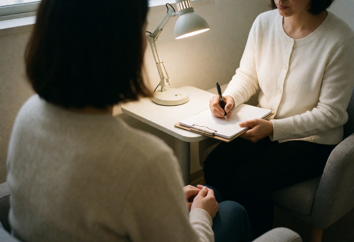 A female psychologist writes in a notebook with a pencil while a client sits opposite her in a warmly lit, professional office setting.