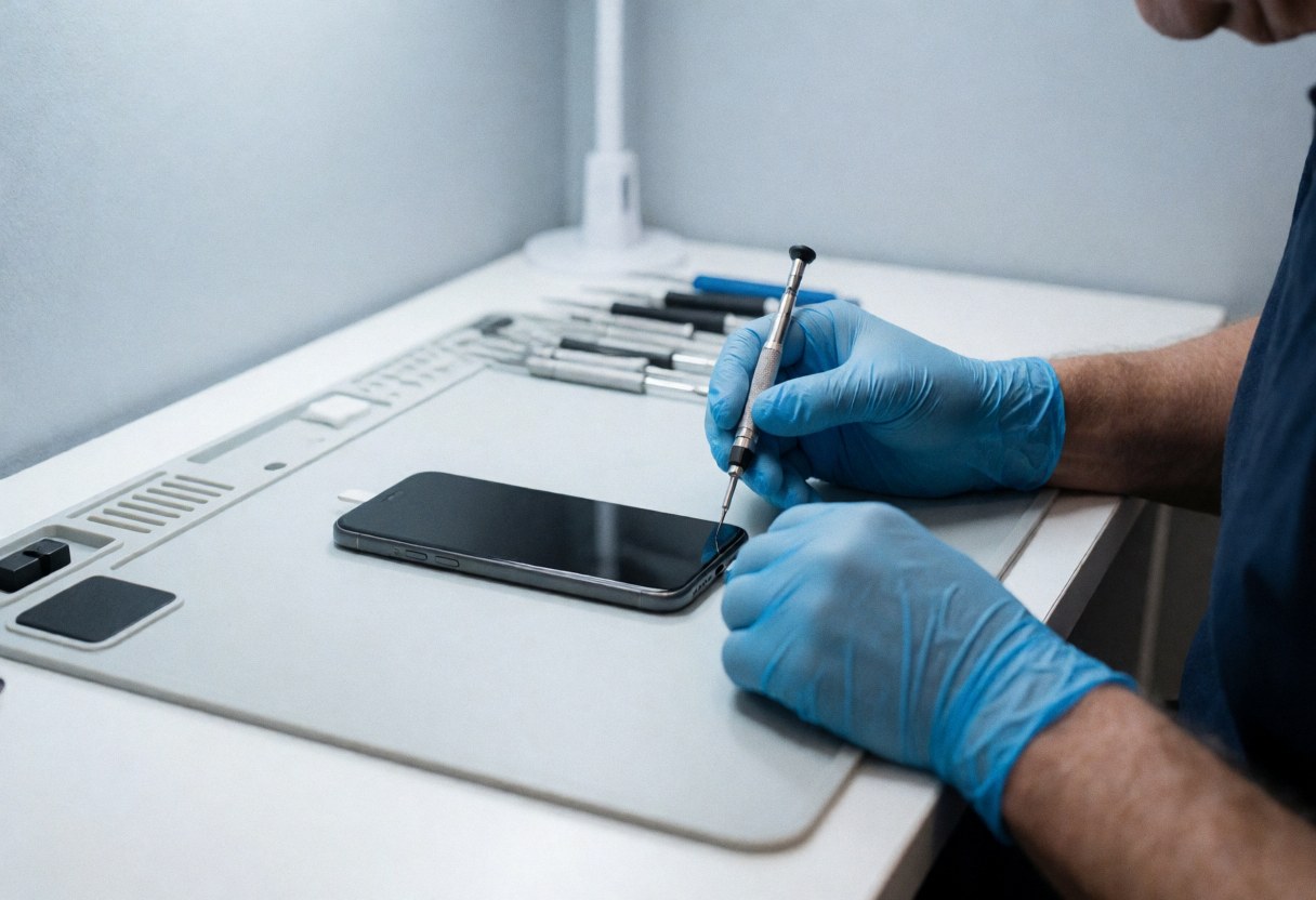 A technician wearing blue gloves repairs a smartphone using a screwdriver on a clean white table with tools in the background.