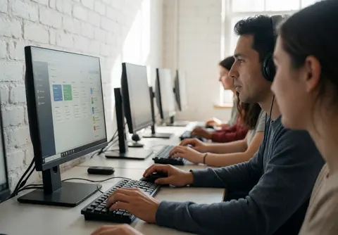 Adult students wearing headphones and focused on their projects while working on computers in a white brick wall laboratory.