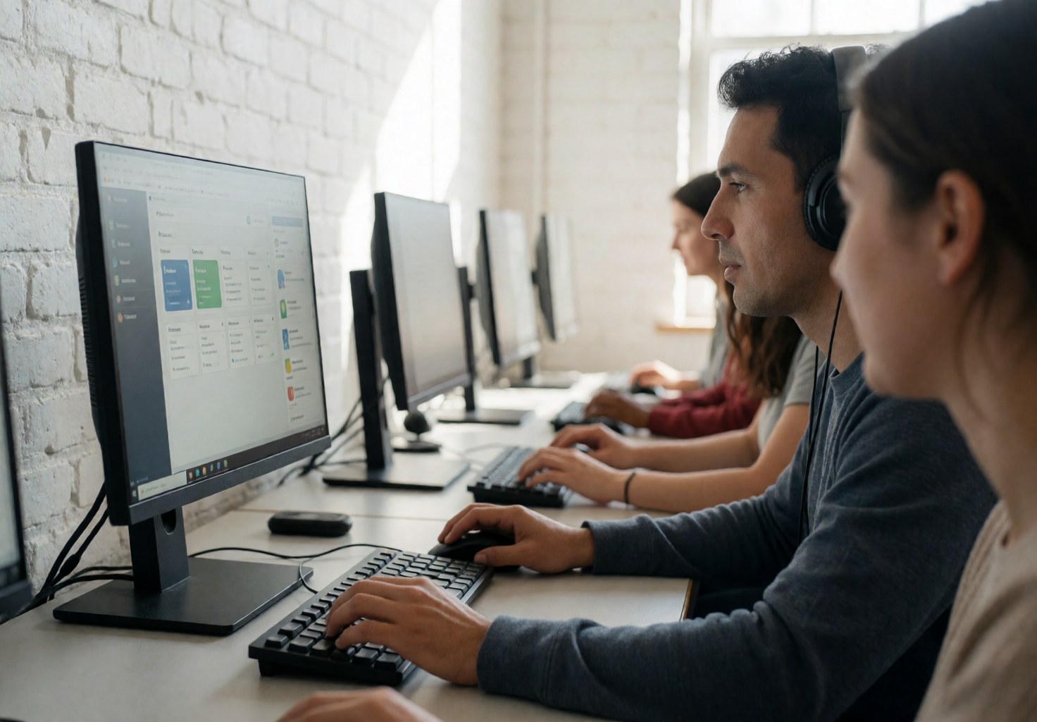 Adult students wearing headphones and focused on their projects while working on computers in a white brick wall laboratory.