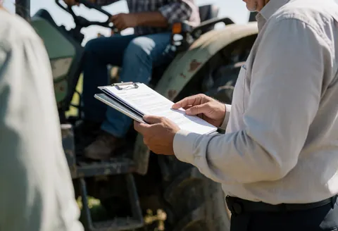An insurance agent stands in a field reviewing documents with a tractor visible in the background