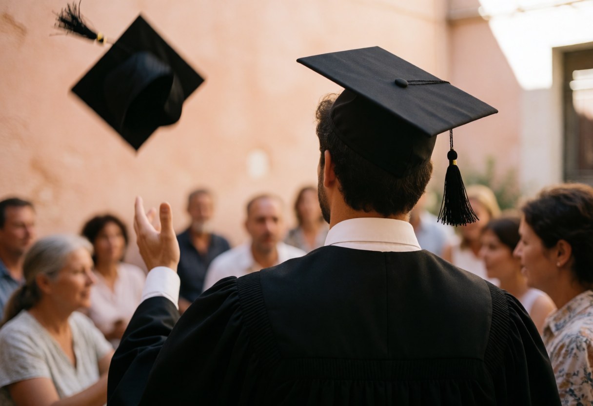 A graduate tosses their mortarboard cap into the air during an outdoor university ceremony, capturing a moment of excitement and celebration against a blurred background.