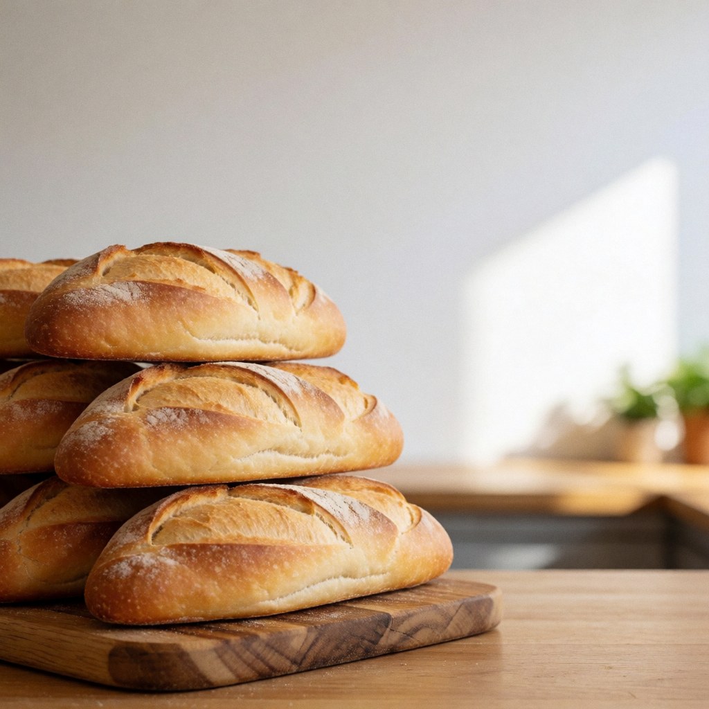 A neat stack of fresh bolillo bread rolls placed on a rustic wooden cutting board with natural lighting and a blurred background.