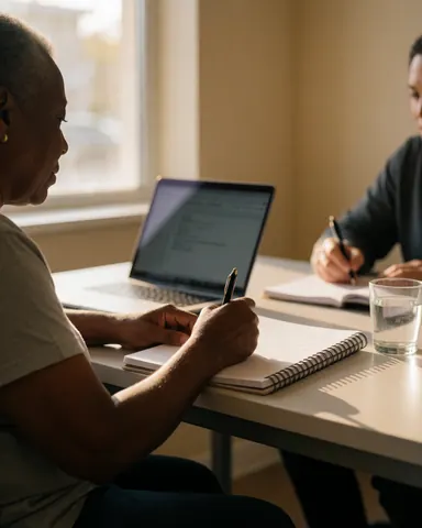 An adult student writes in a notebook while working on a laptop in a bright language classroom with another person in the background.
