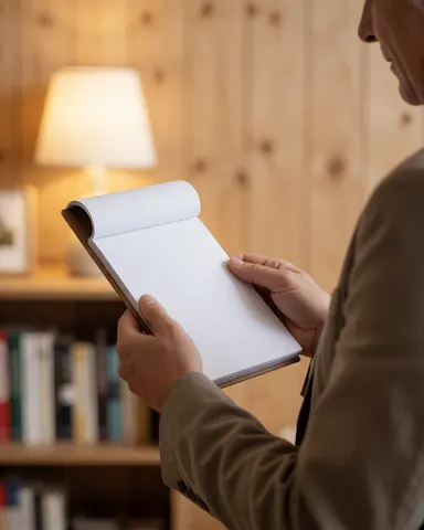 Adult customer reviewing an open notebook with blank pages in an office with a bookshelf and lamp in the background, professional and warm atmosphere.