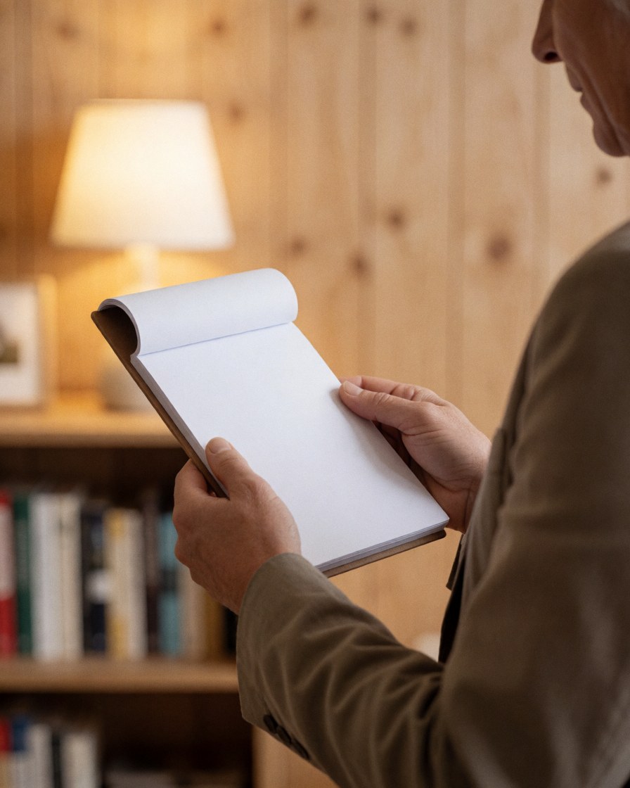 Adult customer reviewing an open notebook with blank pages in an office with a bookshelf and lamp in the background, professional and warm atmosphere.