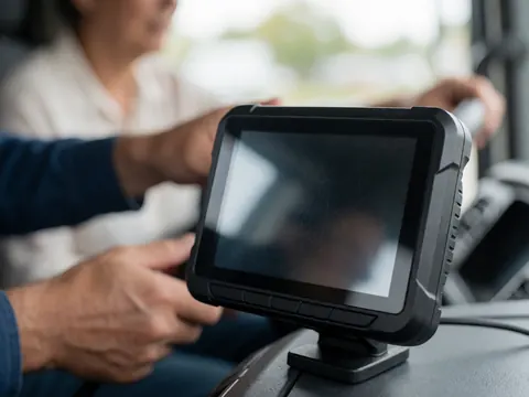 Close-up of GPS device in truck cab showing navigation screen for safe freight transport and logistics