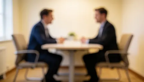 Softly blurred background of an empty interview room featuring two chairs and a table with warm lighting, ideal for human resources content.