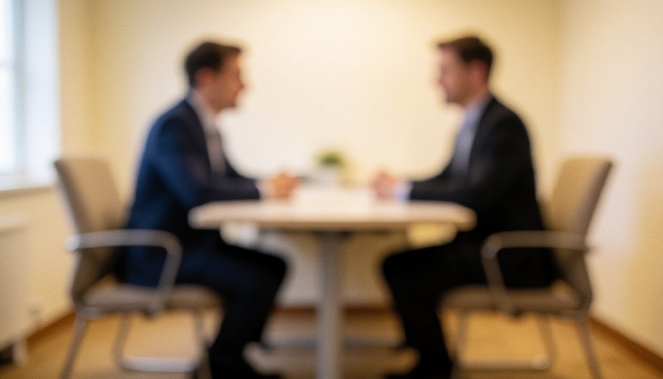 Softly blurred background of an empty interview room featuring two chairs and a table with warm lighting, ideal for human resources content.