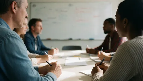 Business professionals seated at a conference table with notebooks and pens, discussing ideas in front of a whiteboard in a bright modern office.
