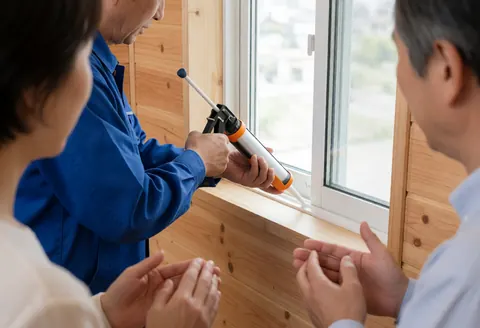 Technician in blue uniform applying sealant to white window frame while two people observe during teamwork maintenance task