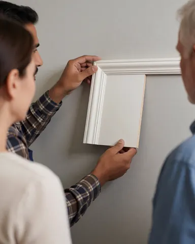 Carpenter holding a white molding sample for a client in front of a gray wall, focusing on hands during a realistic consultation.