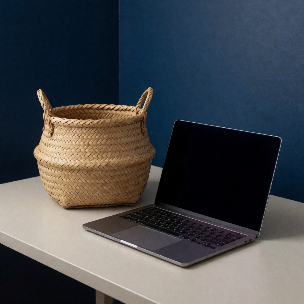 A modern laptop and a woven wicker basket sit on a white table against a blue wall, blending technology with traditional decor for a calm workspace.