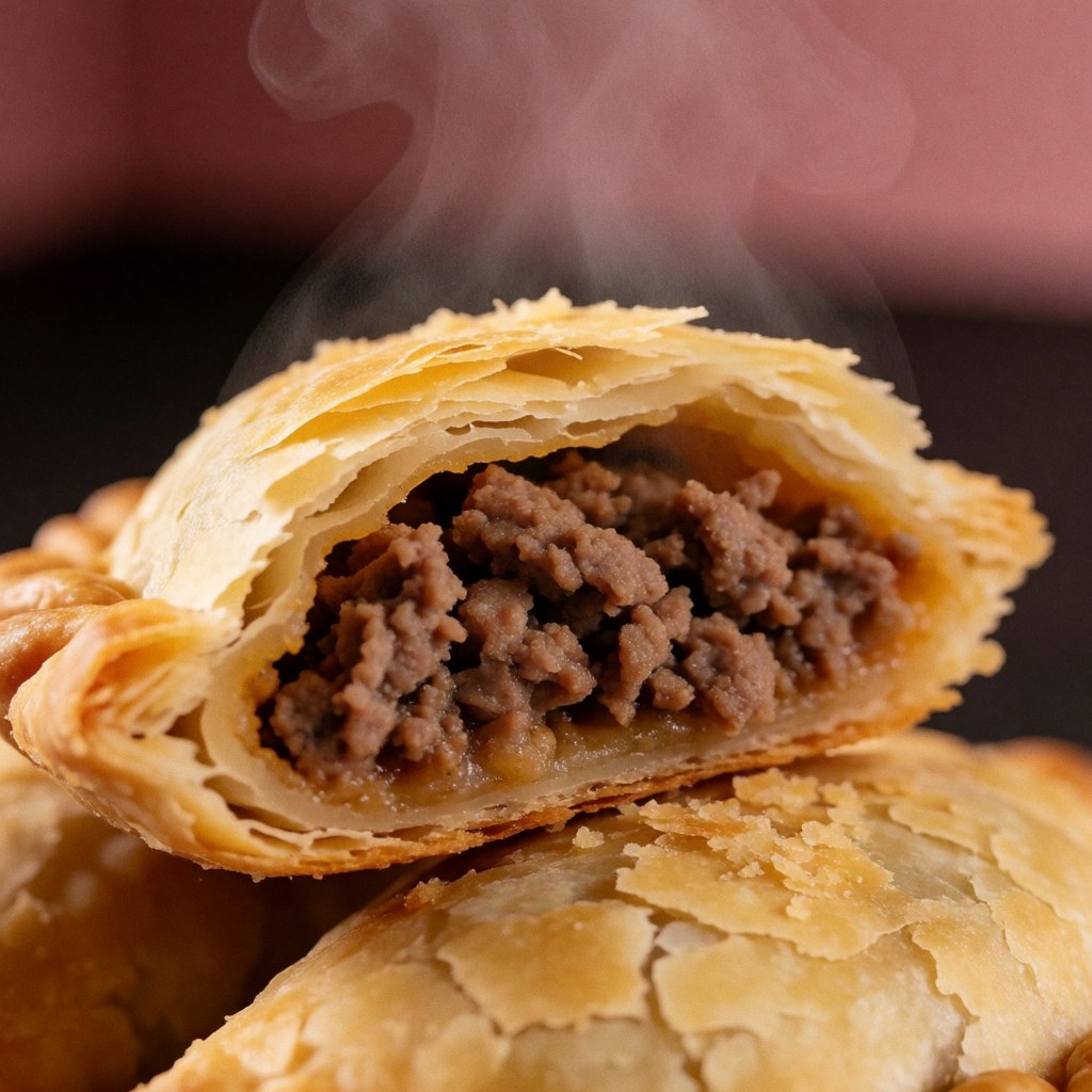 A golden-brown, crispy pastry filled with savory meat, served hot with visible steam rising from the fresh baked good.