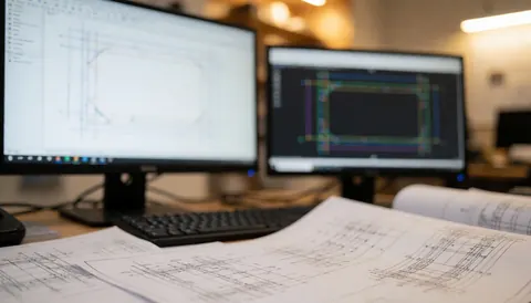 Engineering office desk featuring dual monitors displaying CAD designs, technical blueprints, and warm lighting for business text backgrounds.