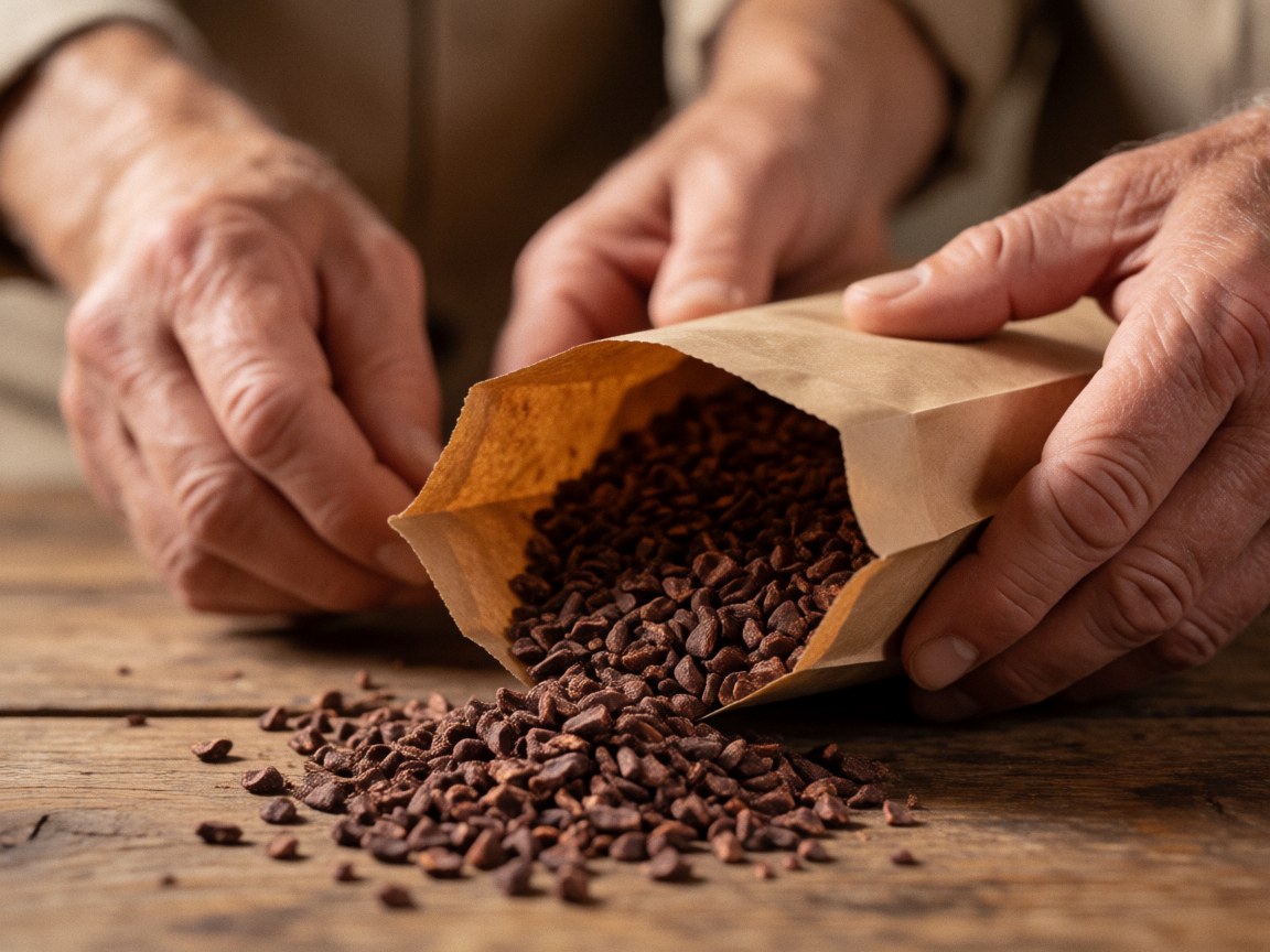 Close-up of raw cacao beans pouring from a paper bag onto a wooden surface with a blurred background, highlighting organic texture for coffee and cacao businesses.