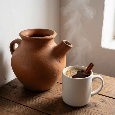 A clay pot with hot coffee and cinnamon in a white cup on a wooden table with steam rising