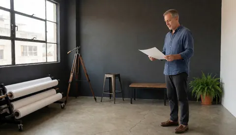 A man checks a photo print in a gray studio with concrete floors, a large window, tripod, paper rolls, and a plant.