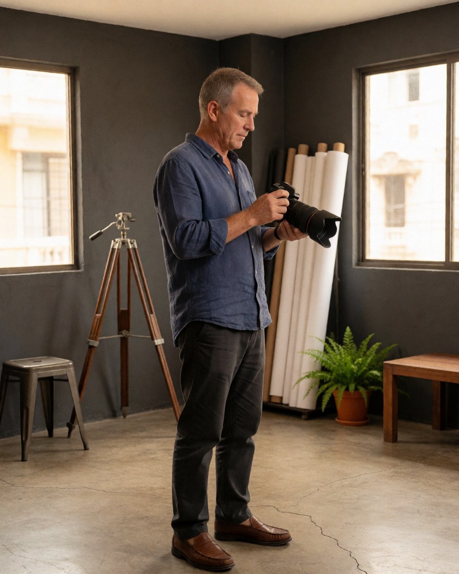 A professional photographer is focused on his work inside a studio, using a camera and tripod near a window with natural light.
