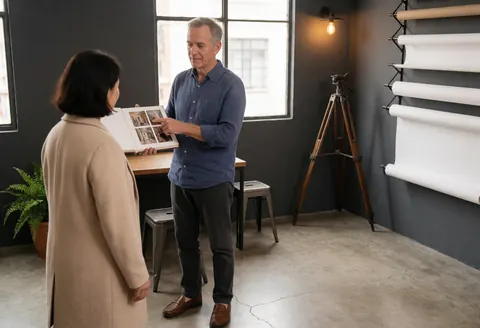 A female photographer in a studio setting offers personalized attention to a client while discussing photo albums near a tripod and natural light from a north window