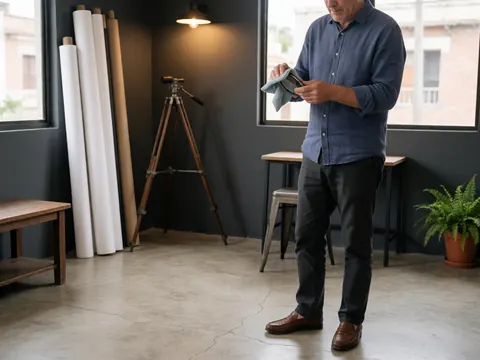 Senior man cleaning a camera lens in a photo studio with a tripod, white paper, and a plant in the corner. Grey walls, concrete floor, and natural light.