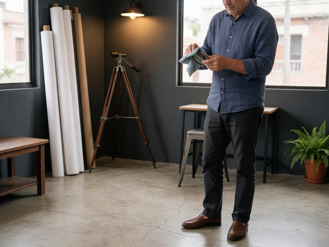 Senior man cleaning a camera lens in a photo studio with a tripod, white paper, and a plant in the corner. Grey walls, concrete floor, and natural light.