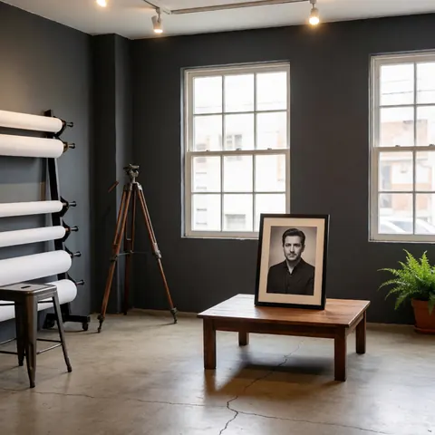 A framed black and white portrait resting on a wooden table in a studio with gray walls, concrete floor, tripod, and white paper.
