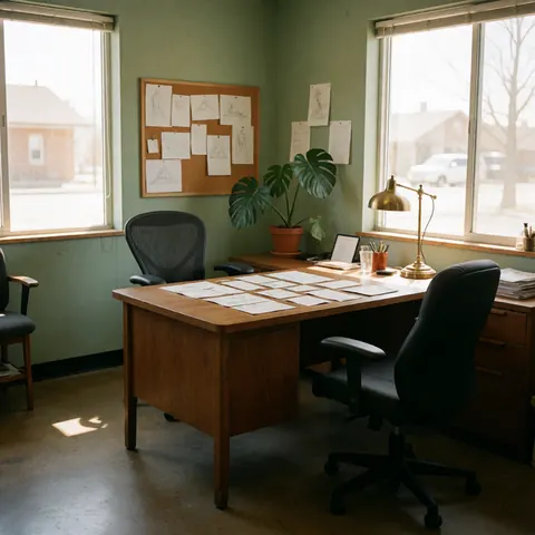 Wooden desk with wedding invitations, monstera plant, bronze lamp, and green walls for event design