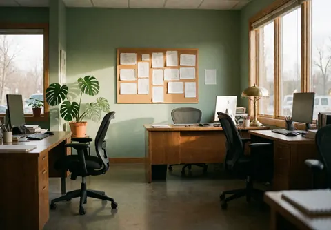 A bright and modern empty office space featuring a wooden desk, chair, and potted plants near a window with natural light