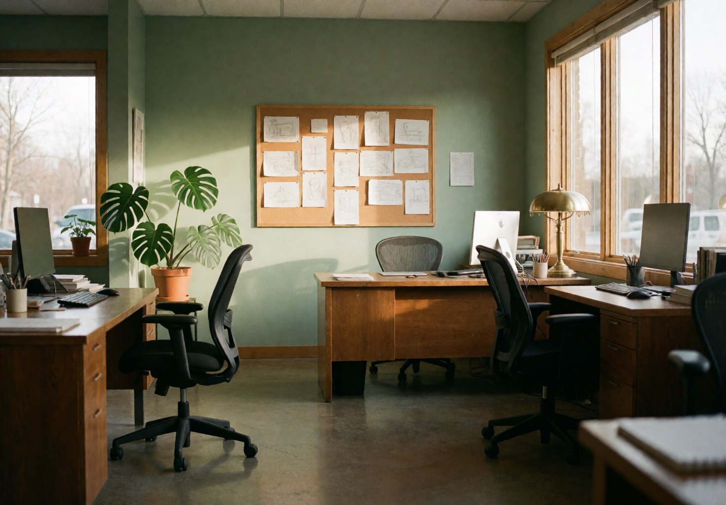 A bright and modern empty office space featuring a wooden desk, chair, and potted plants near a window with natural light