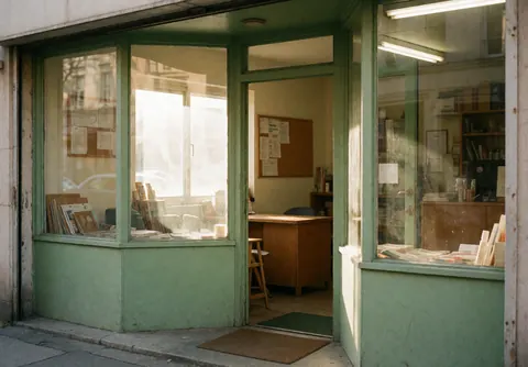 Storefront entrance featuring green walls, large windows letting in natural light, a wooden desk, and a corkboard in a cozy business interior.