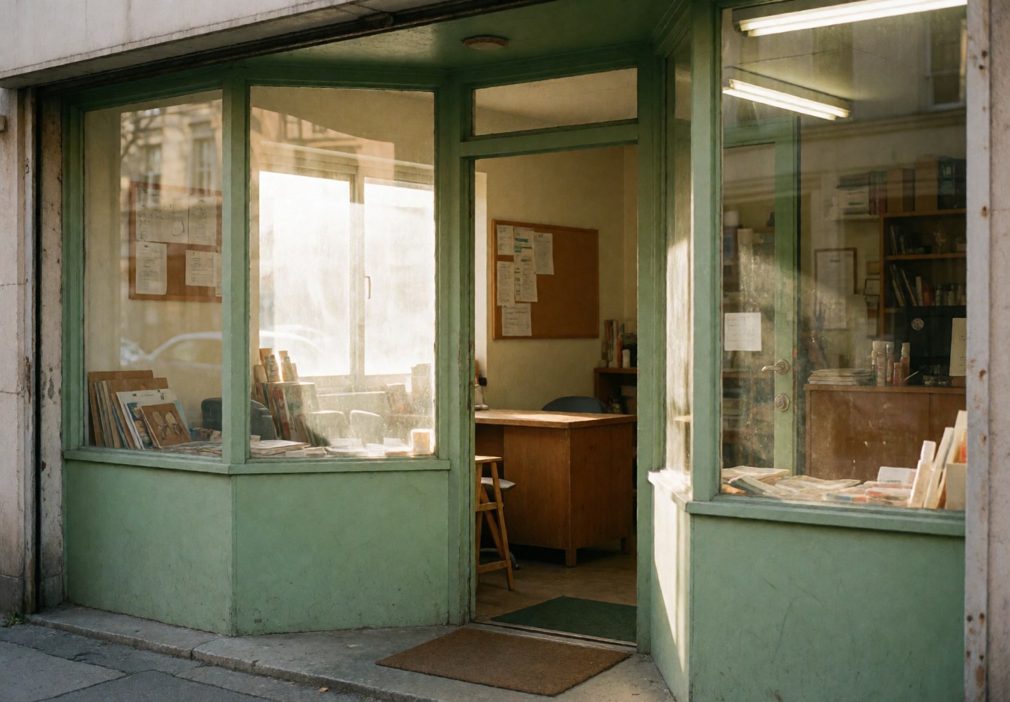 Storefront entrance featuring green walls, large windows letting in natural light, a wooden desk, and a corkboard in a cozy business interior.