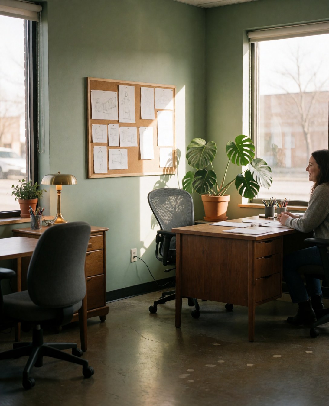 A satisfied client sits at a desk during a wedding and event planning meeting in a modern office with green walls and natural light.