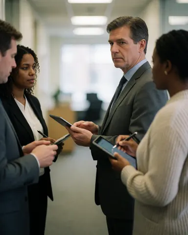 A professional senior consultant standing in an office environment while holding and reviewing data on a corporate tablet device.