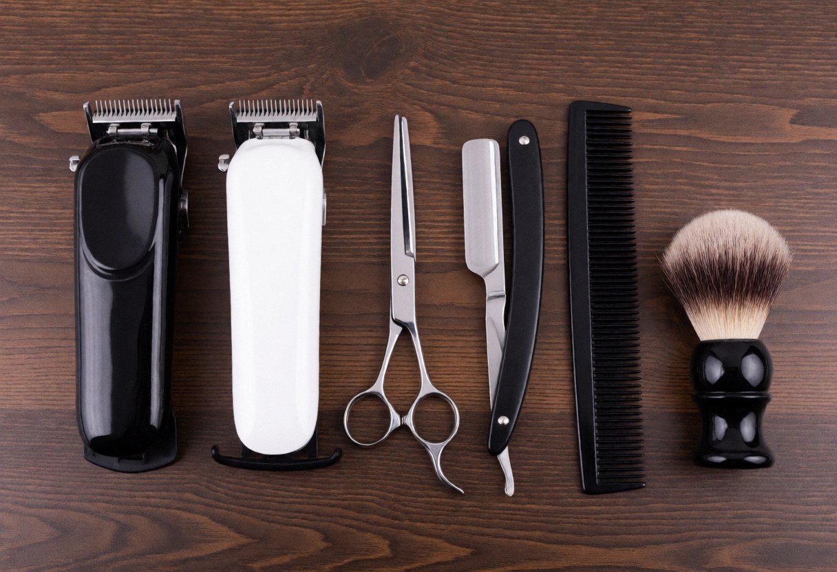 Top view of barber scissors, razor, comb, brush, and clippers on a dark wooden surface with soft professional lighting