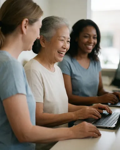 A group of reception staff members laughing together while working on a laptop in an office setting