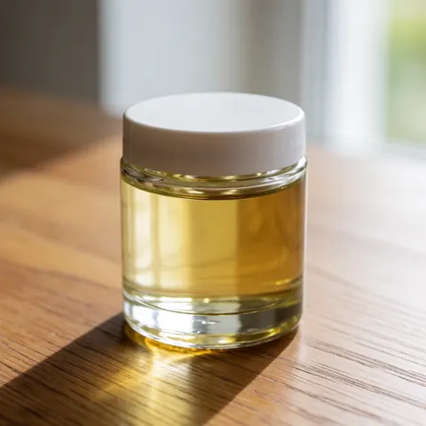 Glass jar of beard oil with white lid resting on a wooden table, natural lighting, clean product photography for barbershop use