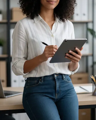 A young professional woman in business casual attire stands in a modern office holding a tablet computer while working on real estate tasks.