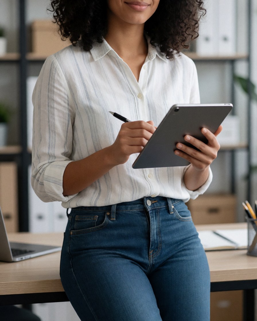 A young professional woman in business casual attire stands in a modern office holding a tablet computer while working on real estate tasks.