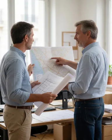 Two real estate professionals examine construction plans and maps together in a modern office with natural light.