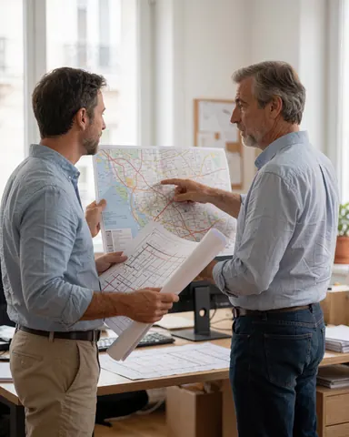 Two real estate professionals examine construction plans and maps together in a modern office with natural light.
