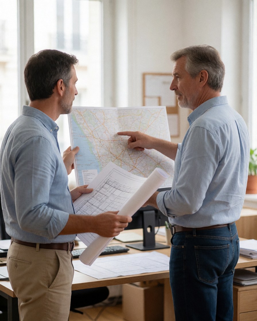 Two real estate professionals examine construction plans and maps together in a modern office with natural light.