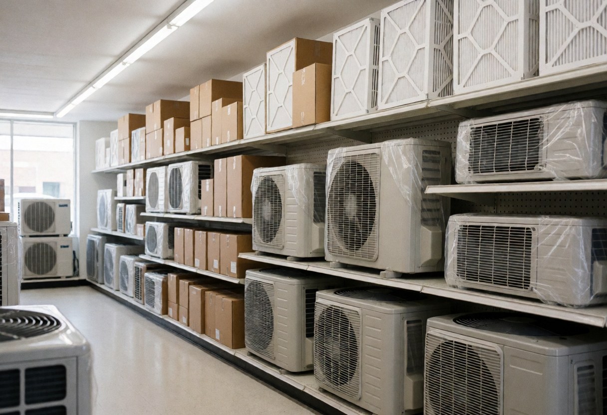 Brightly lit HVAC storage room with air conditioning units and filters organized on white shelves, creating a clean and professional commercial environment.