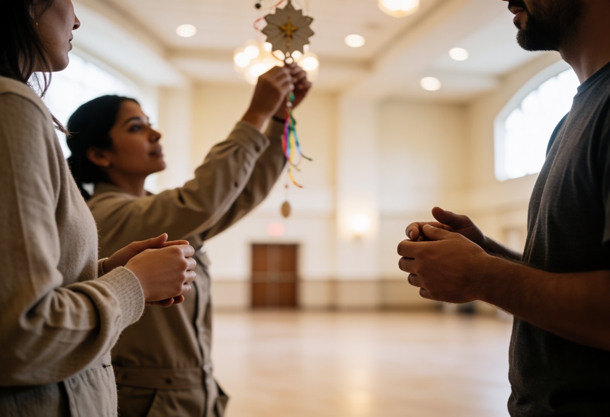 A woman adjusts a hanging ornament in an empty event hall while two people watch. Realistic wedding and event preparation scene.