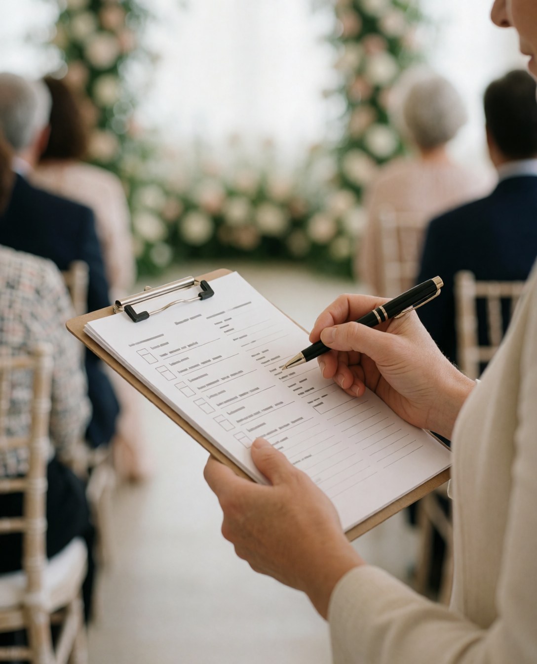 Close-up of hands holding a clipboard with a checklist and pen, showing wedding event planning details with soft lighting
