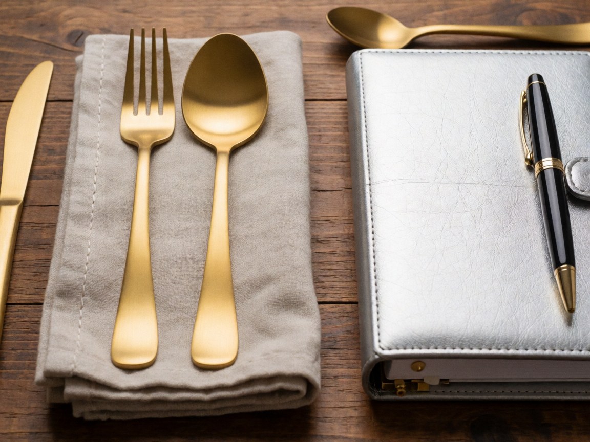 Gold utensils, silverware, napkin, and wedding planner on a wooden table for elegant event planning