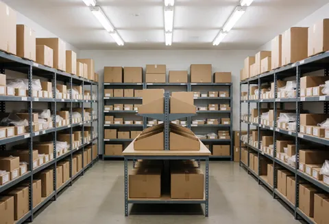 Metal shelving units filled with cardboard boxes in a well-lit online store warehouse ready for product shipping